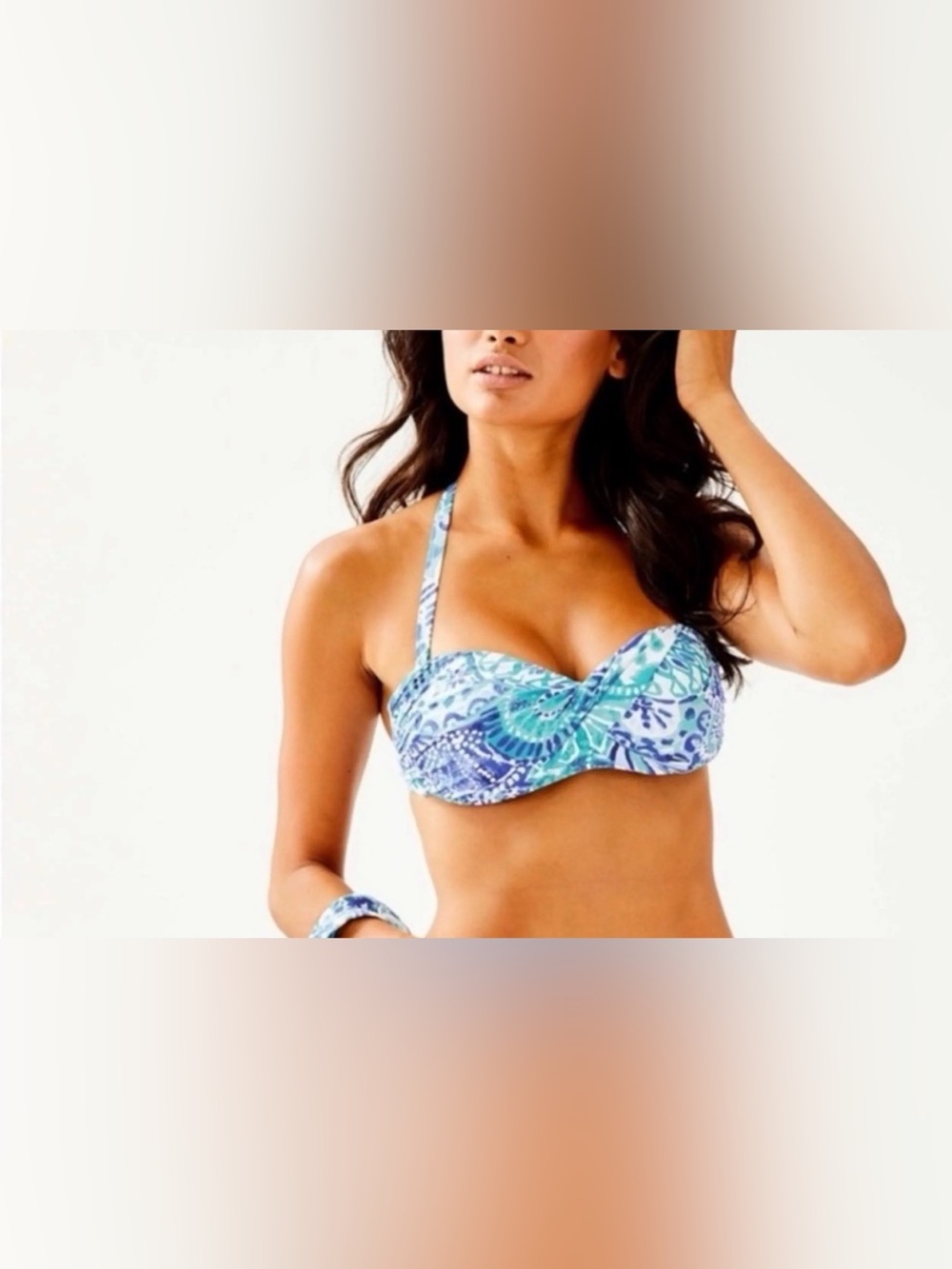 Lilly Pulitzer Blue Aqua Tropical Print Bandeau Bikini Swim Top Size 14